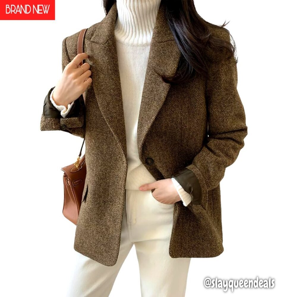 Wool Blend Blazer Jacket Women's Business Casual Single Breasted Work Coat
